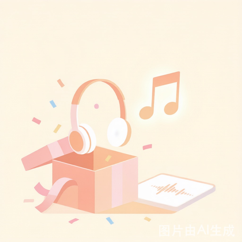 Illustration of a birthday gift box releasing headphones and a glowing music note