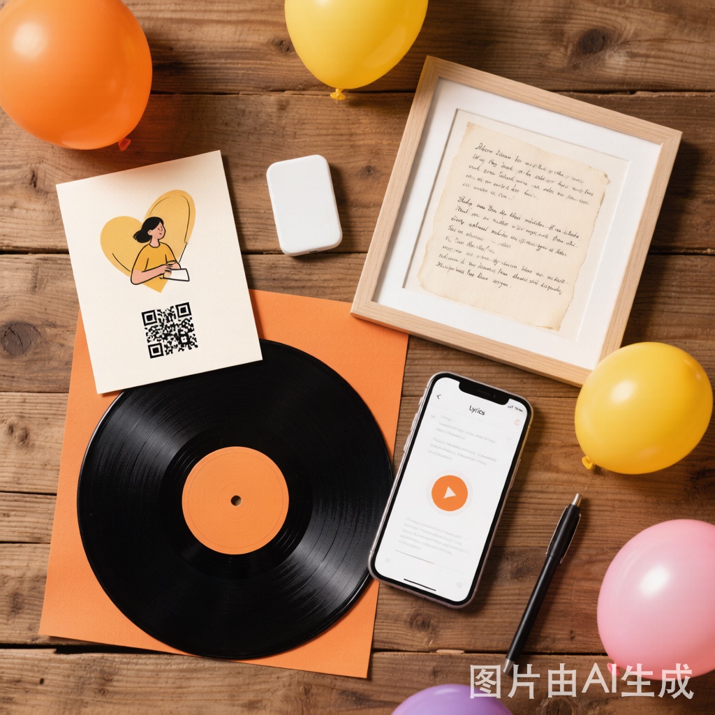 Illustration of birthday song gift delivery with a QR card, vinyl record, framed lyrics and phone
